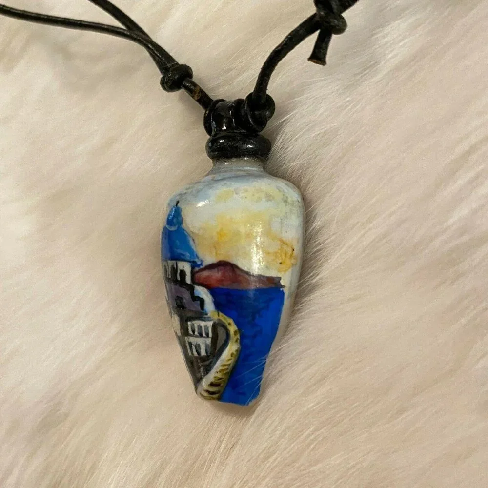 Vtg Shell Hand Painted‎ Necklace Light House Sea Shore Beach Adjustable 5206